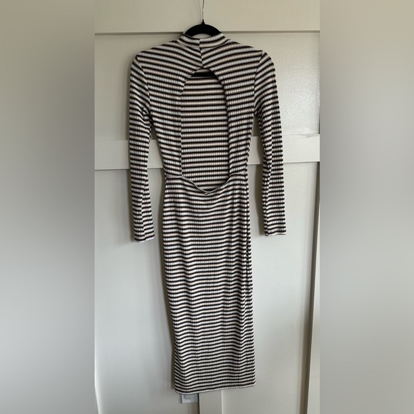 Topshop Black White and Brown Striped Fitted Long Sleeve Maxi Dress XS 2 - Picture 2 of 5